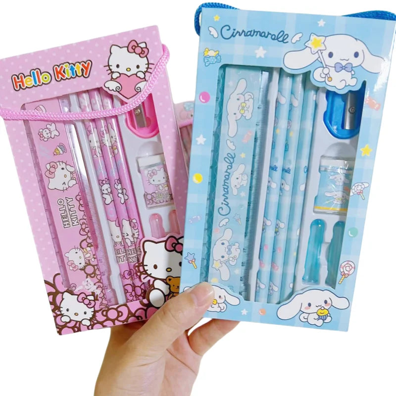 Sanrio Stationery Set Hello Kitty Cinnamoroll Kuromi Cartoon Pencil Rubber Ruler Pencil Sharpener Student Supplie Stationery Set