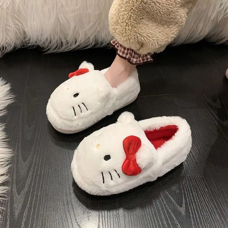 Fashion Sanrio Hello Kitty Plush Slipper Cartoon Kt Cat Warm Winter Indoor Slippers Flat Casual Non-Slip Girls Home Shoes