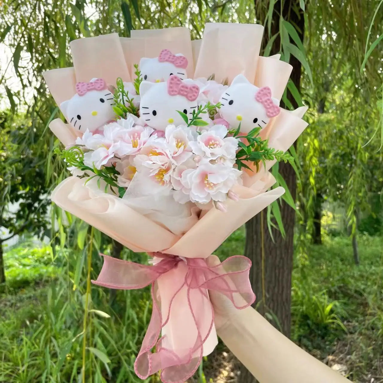 Kawaii Hello Kitty Cat Dolls With Artificial Flowers Creative Sanrio Bouquet Gifts