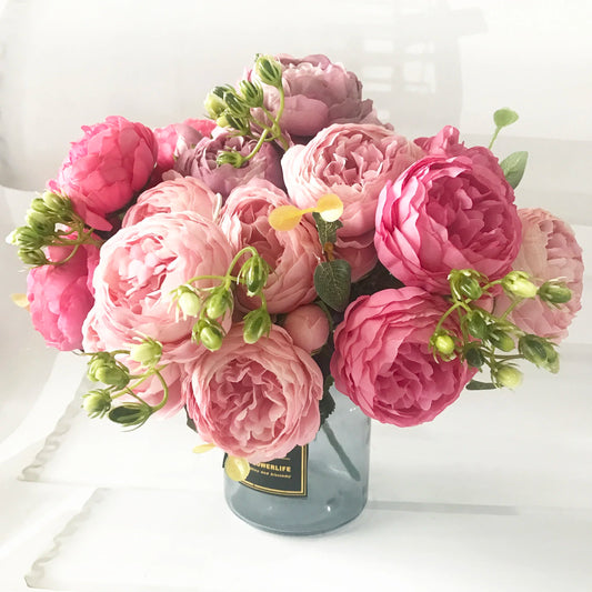 Silk Peony Artificial Flowers Bouquet 5 Big Head and 4 Bud Fake Flowers for Decoration 30cm