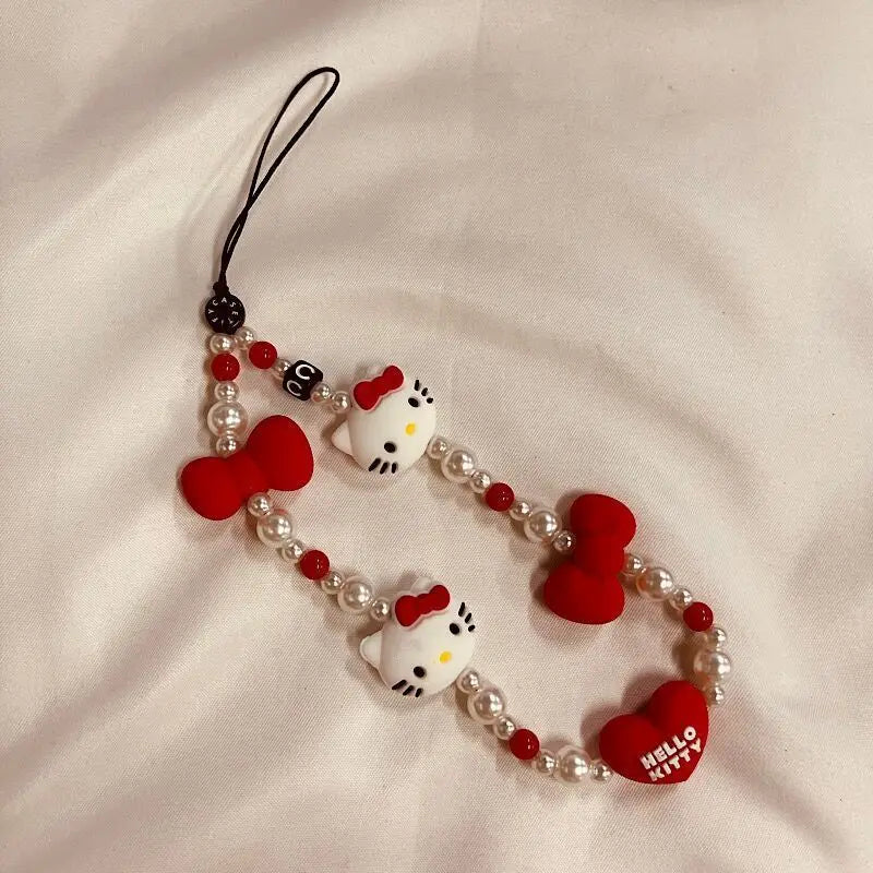 Sanrio Hello Kitty Phone Chain Cute Cartoon Women Bead String Phone Case Hanging Rope Keychain