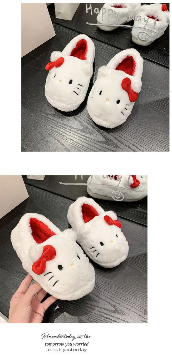 Fashion Sanrio Hello Kitty Plush Slipper Cartoon Kt Cat Warm Winter Indoor Slippers Flat Casual Non-Slip Girls Home Shoes