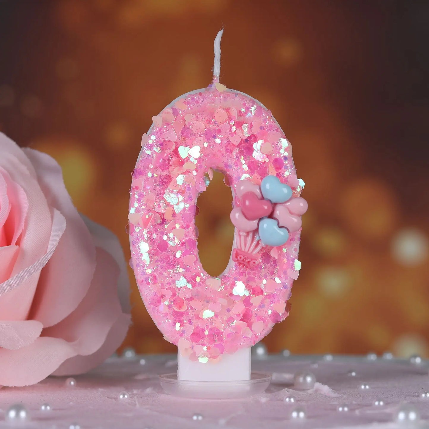 Pink Number Cake Decorating Candle Glitter Birthday Love balloon Digital Candle Cake Topper Birthday Party Wedding Cake Decor