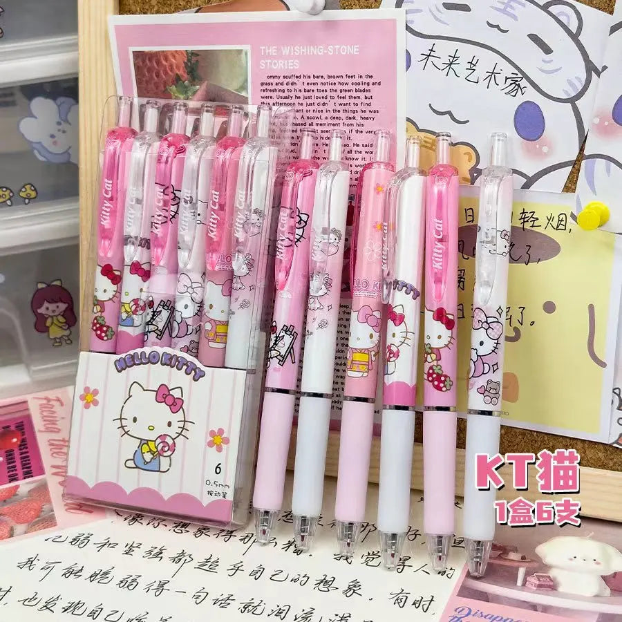 Cartoon Kuromi Writing Pen Kawaii Hello Kitty Cinnamoroll Melody 0.5mm Quick Drying ST Gel Pen Student School Stationery 6pcs