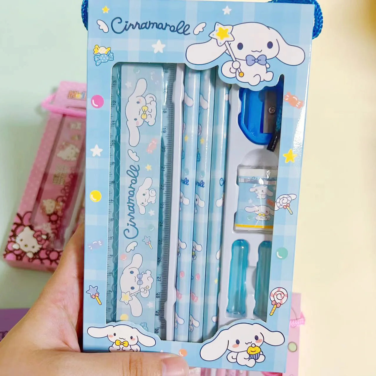 Sanrio Stationery Set Hello Kitty Cinnamoroll Kuromi Cartoon Pencil Rubber Ruler Pencil Sharpener Student Supplie Stationery Set