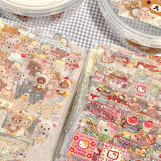 Hello Kitty Rilakkuma Cartoon Die-cutting Sticker Cute Kitty Cat Flashing Laser Stickers Anime Handbooks Material Stickers 5pcs