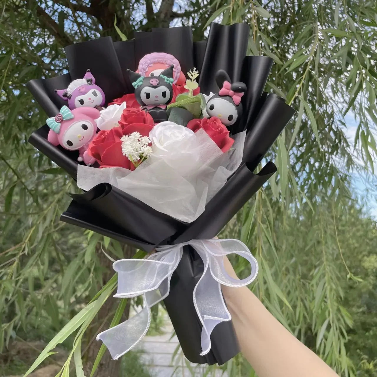 Kawaii Hello Kitty Cat Dolls With Artificial Flowers Creative Sanrio Bouquet Gifts