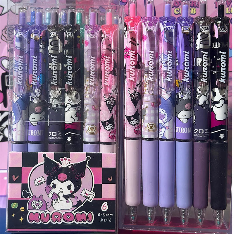 Kawaii Sanrio Kuromi Hello Kitty 0.5mm Gel Pens Set Cute Black Pen Cartoon School Student Stationery Supplies Gift 6Pcs/Set