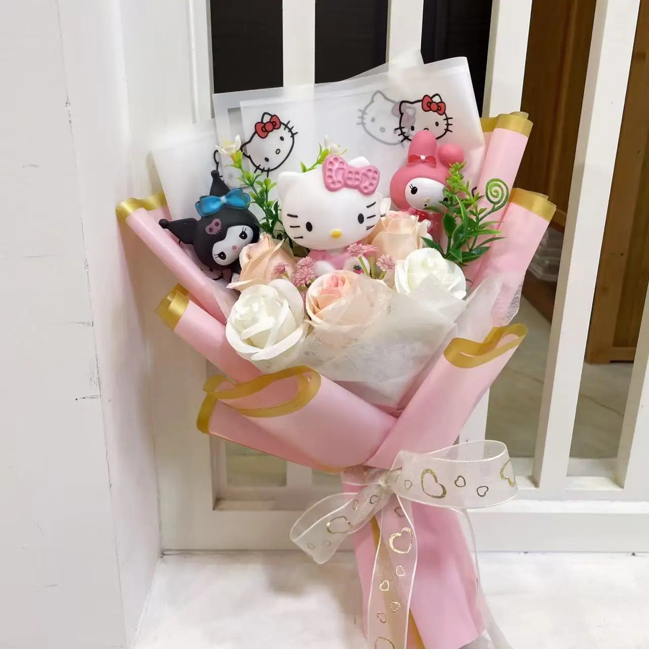 Kawaii Hello Kitty Cat Dolls With Artificial Flowers Creative Sanrio Bouquet Gifts