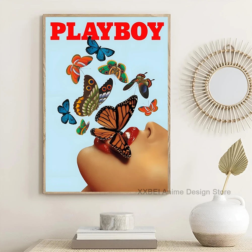 Fashion Magazine Cover Poster Play Boy Rabbit Butterfly Red Lips Retro Wall Sticker Bedroom Dining Room Cafe Decorative Mural