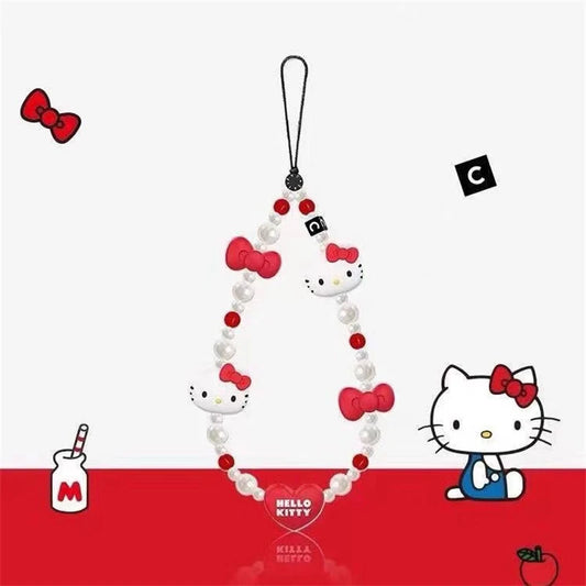 Sanrio Hello Kitty Phone Chain Cute Cartoon Women Bead String Phone Case Hanging Rope Keychain