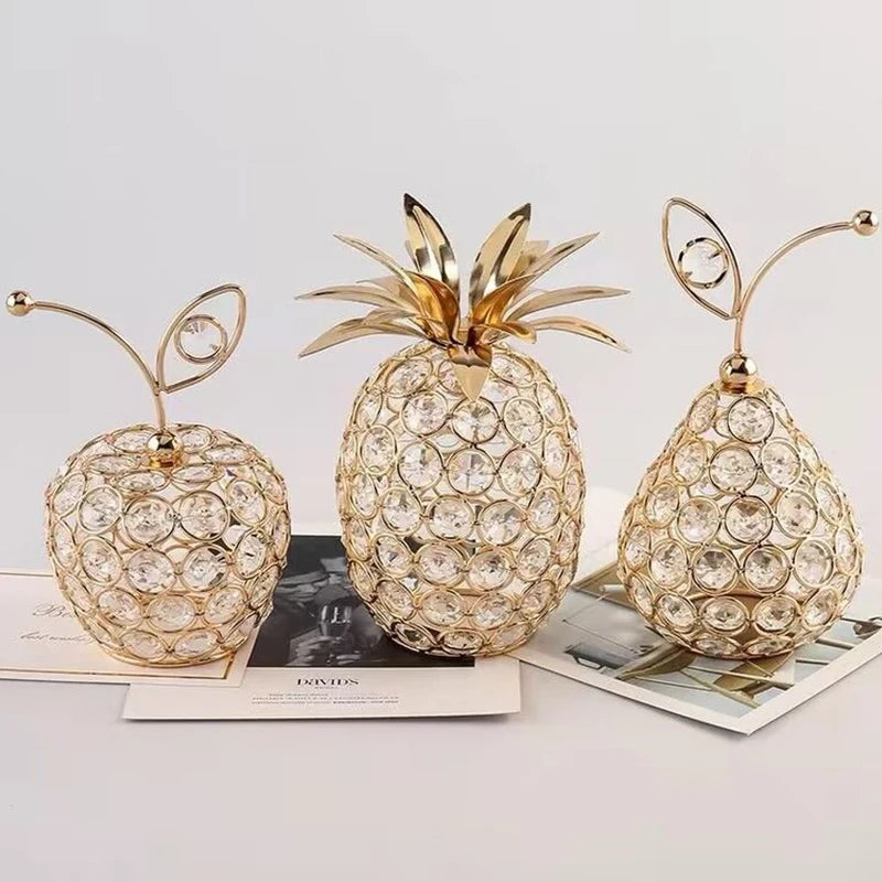 Creative New 3D Crystal Apple Ornaments Gold Shiny Bling Rhinestone Pineapple Shape Snow Pear Crafts Tabletop Decoration Gifts