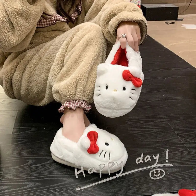 Fashion Sanrio Hello Kitty Plush Slipper Cartoon Kt Cat Warm Winter Indoor Slippers Flat Casual Non-Slip Girls Home Shoes