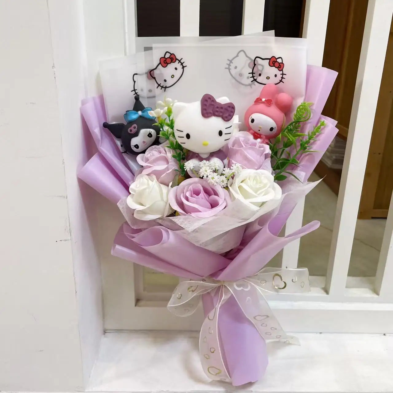 Kawaii Hello Kitty Cat Dolls With Artificial Flowers Creative Sanrio Bouquet Gifts