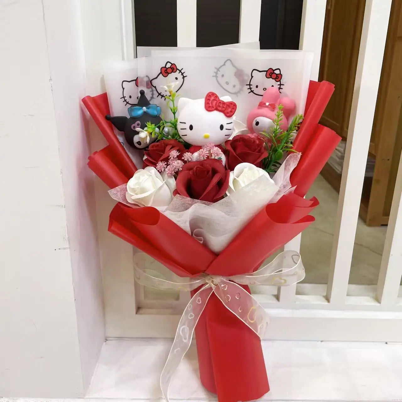 Kawaii Hello Kitty Cat Dolls With Artificial Flowers Creative Sanrio Bouquet Gifts