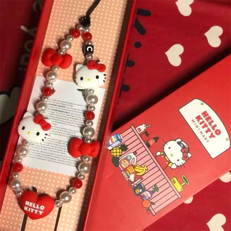 Sanrio Hello Kitty Phone Chain Cute Cartoon Women Bead String Phone Case Hanging Rope Keychain