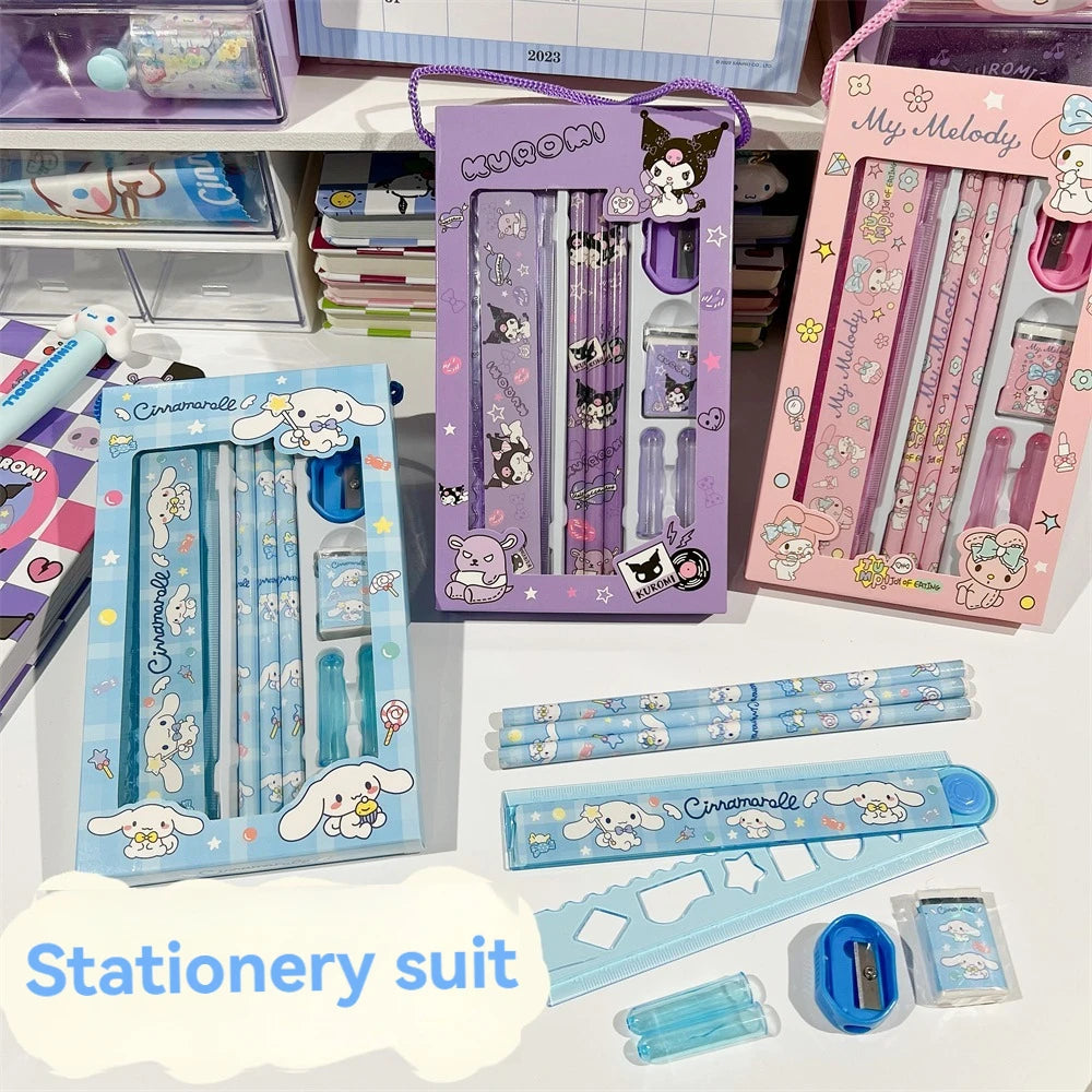 Sanrio Stationery Set Hello Kitty Cinnamoroll Kuromi Cartoon Pencil Rubber Ruler Pencil Sharpener Student Supplie Stationery Set