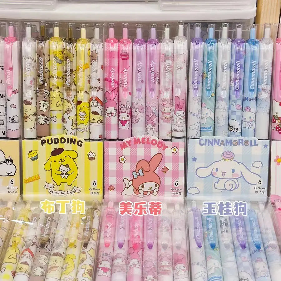 Cartoon Kuromi Writing Pen Kawaii Hello Kitty Cinnamoroll Melody 0.5mm Quick Drying ST Gel Pen Student School Stationery 6pcs