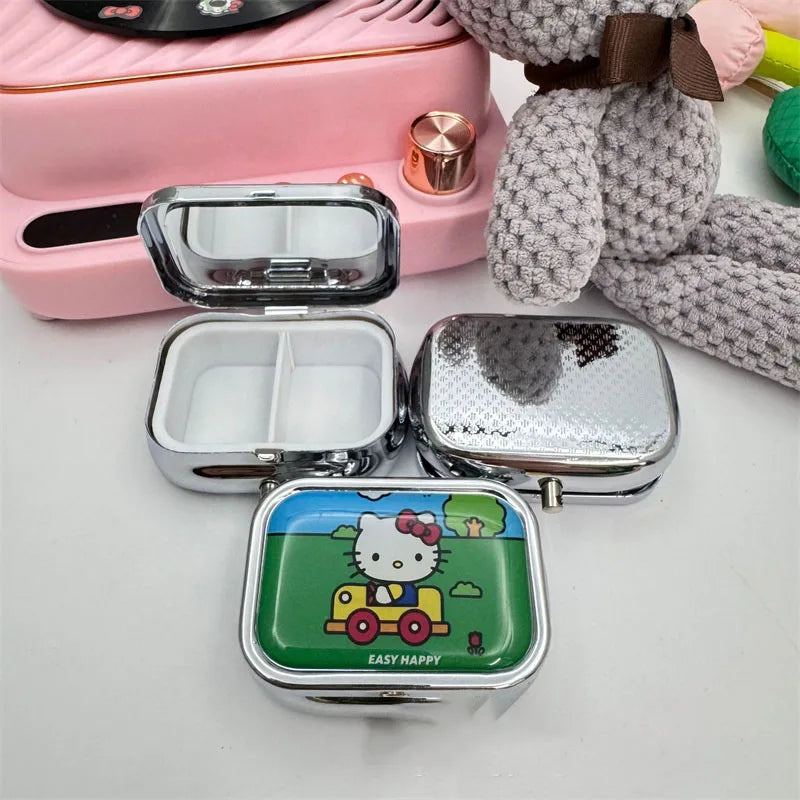 Kawaii Hello Kittys Portable Jewelry Box with HD Mirror Mini Sealed Subpackage Boxs Cute Cartoon Girl Heart Travel Storage Box