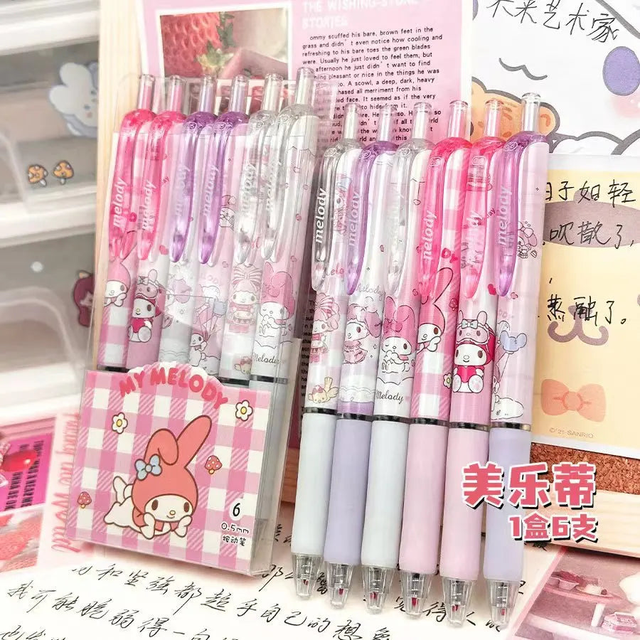 Cartoon Kuromi Writing Pen Kawaii Hello Kitty Cinnamoroll Melody 0.5mm Quick Drying ST Gel Pen Student School Stationery 6pcs