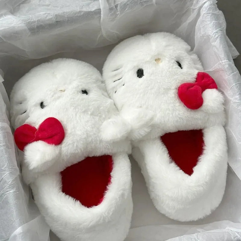 Fashion Sanrio Hello Kitty Plush Slipper Cartoon Kt Cat Warm Winter Indoor Slippers Flat Casual Non-Slip Girls Home Shoes