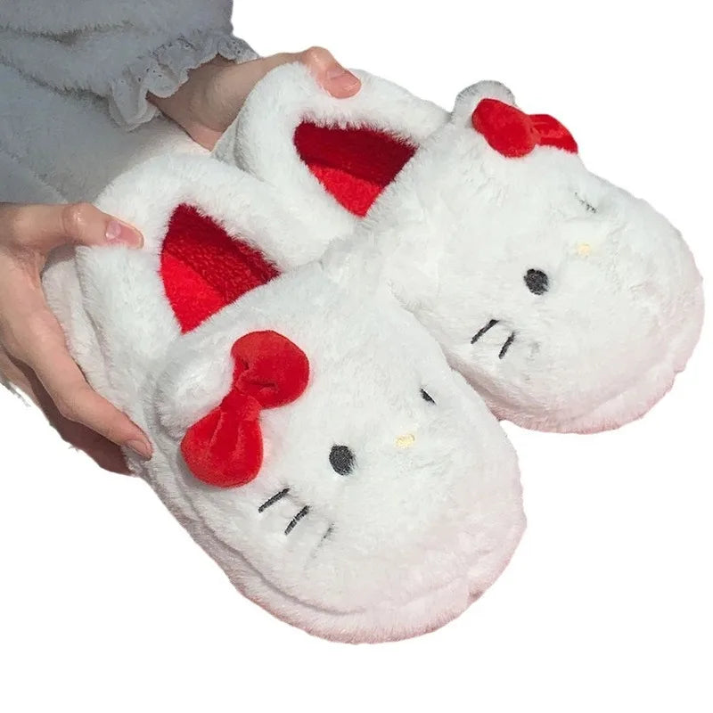 Fashion Sanrio Hello Kitty Plush Slipper Cartoon Kt Cat Warm Winter Indoor Slippers Flat Casual Non-Slip Girls Home Shoes