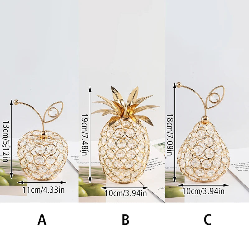 Creative New 3D Crystal Apple Ornaments Gold Shiny Bling Rhinestone Pineapple Shape Snow Pear Crafts Tabletop Decoration Gifts