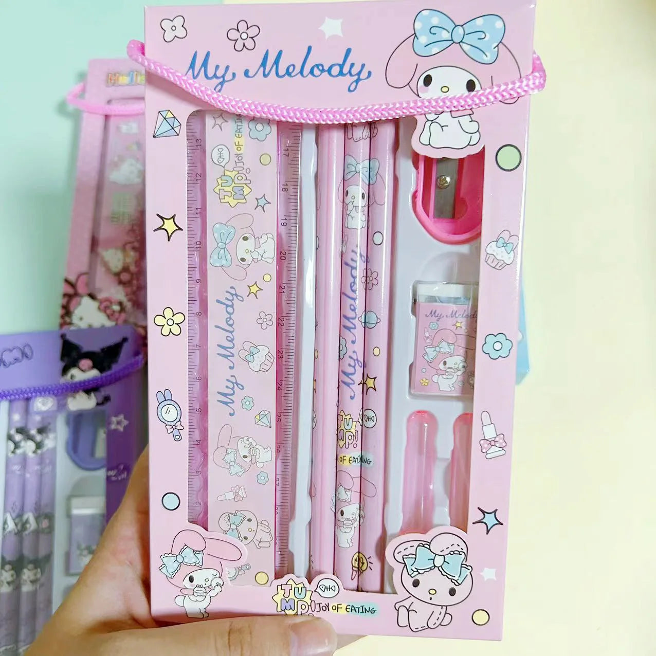 Sanrio Stationery Set Hello Kitty Cinnamoroll Kuromi Cartoon Pencil Rubber Ruler Pencil Sharpener Student Supplie Stationery Set