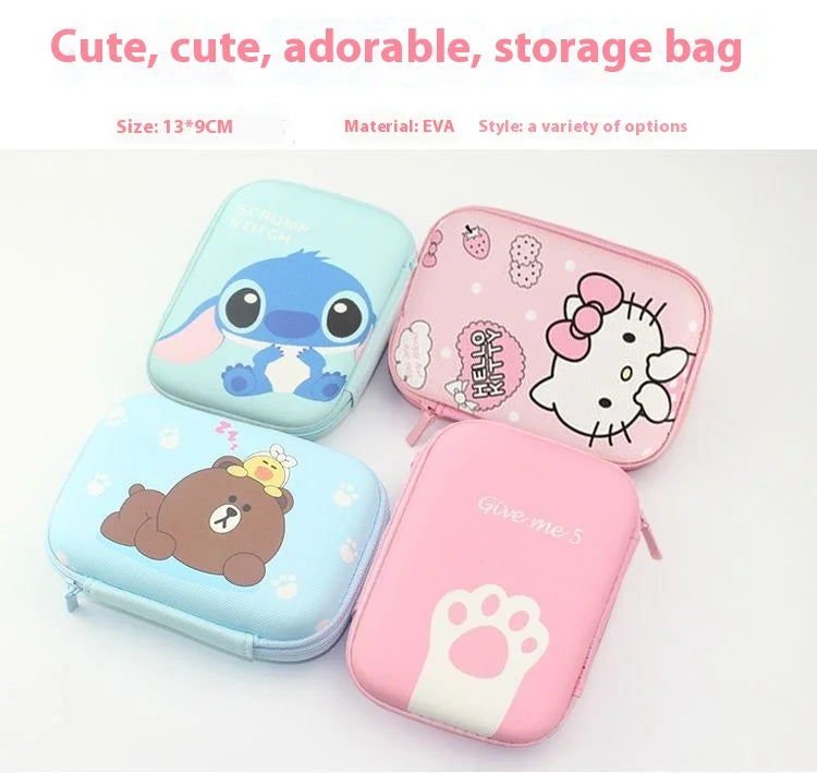 Miniso Cartoon Sanrio Data Cable Storage Bag Kawaii Hello Kitty Kuromi Portable Earphone Charging Cable Currency Storage Bag