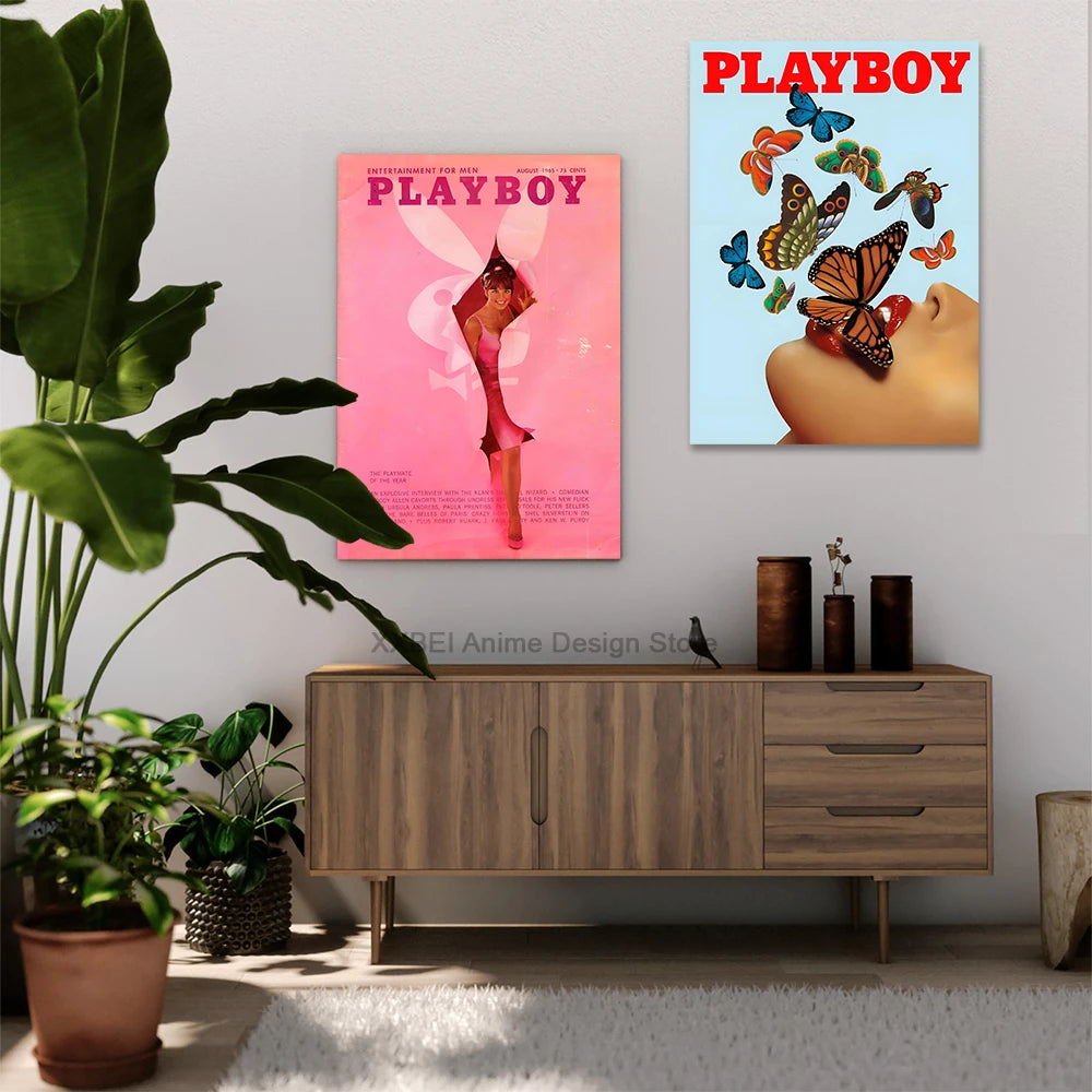 Fashion Magazine Cover Poster Play Boy Rabbit Butterfly Red Lips Retro Wall Sticker Bedroom Dining Room Cafe Decorative Mural