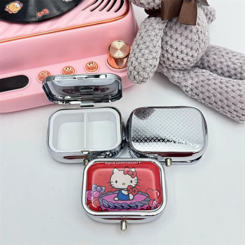 Kawaii Hello Kittys Portable Jewelry Box with HD Mirror Mini Sealed Subpackage Boxs Cute Cartoon Girl Heart Travel Storage Box