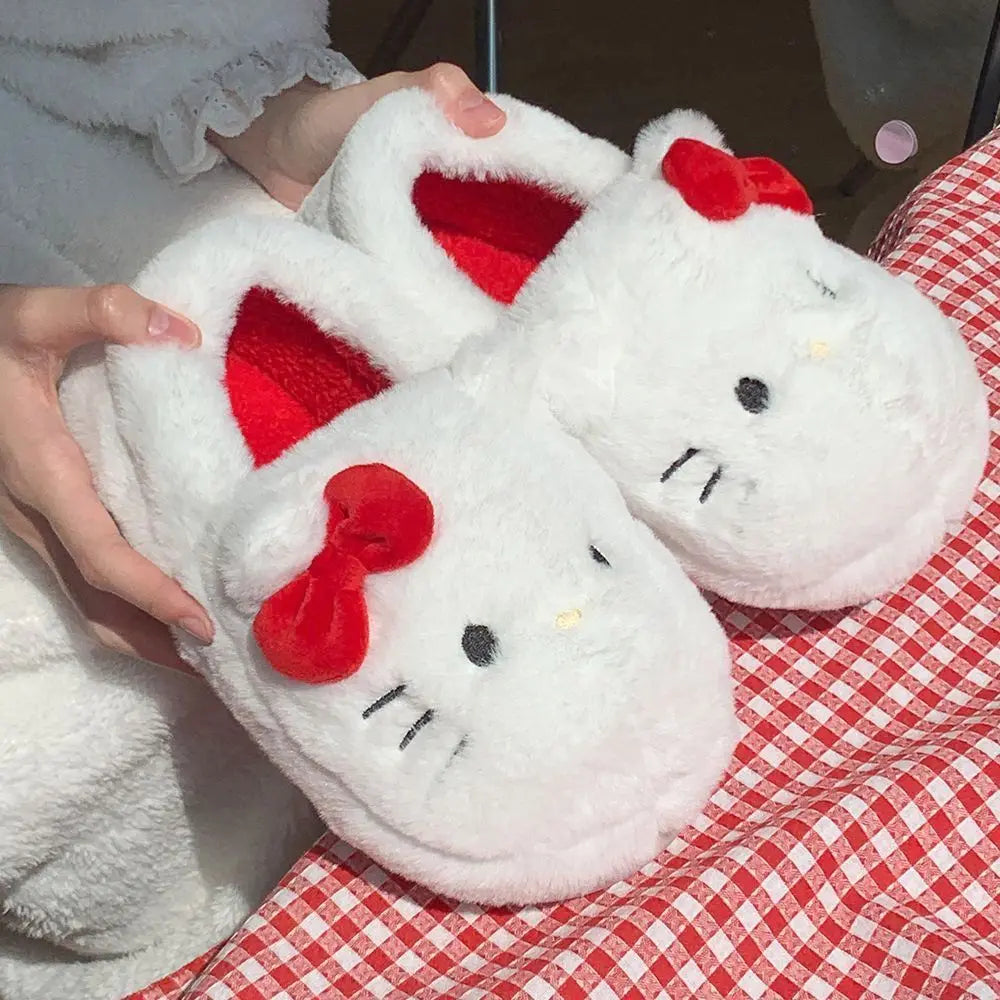 Fashion Sanrio Hello Kitty Plush Slipper Cartoon Kt Cat Warm Winter Indoor Slippers Flat Casual Non-Slip Girls Home Shoes