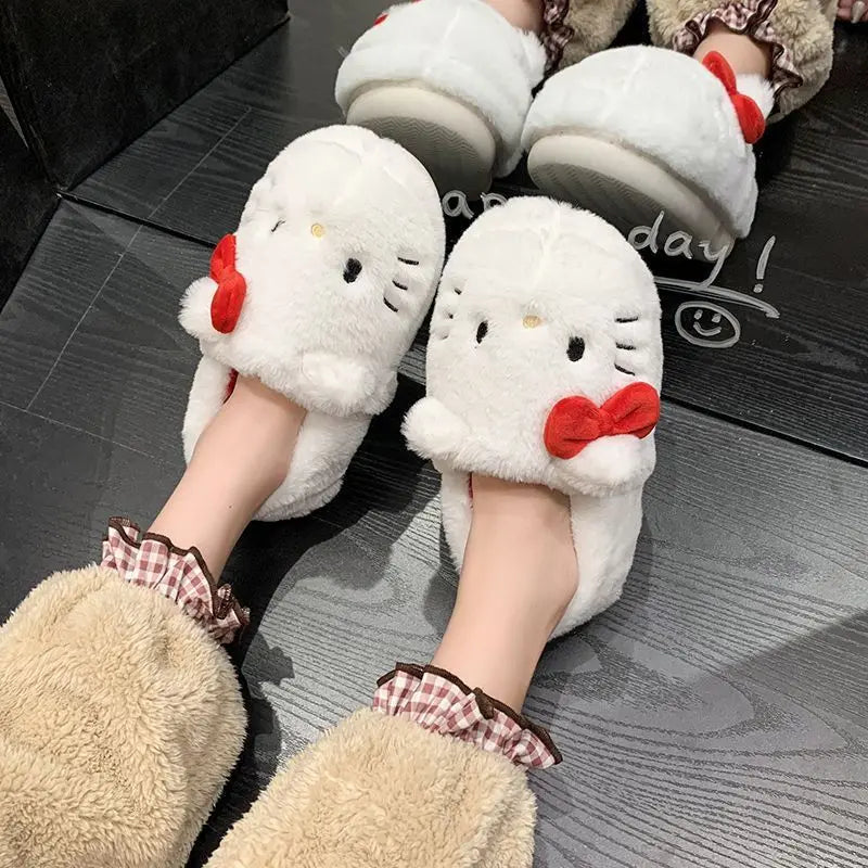 Fashion Sanrio Hello Kitty Plush Slipper Cartoon Kt Cat Warm Winter Indoor Slippers Flat Casual Non-Slip Girls Home Shoes