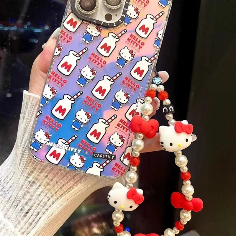 Sanrio Hello Kitty Phone Chain Cute Cartoon Women Bead String Phone Case Hanging Rope Keychain