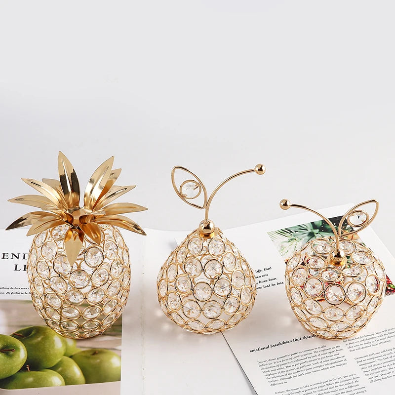 Creative New 3D Crystal Apple Ornaments Gold Shiny Bling Rhinestone Pineapple Shape Snow Pear Crafts Tabletop Decoration Gifts