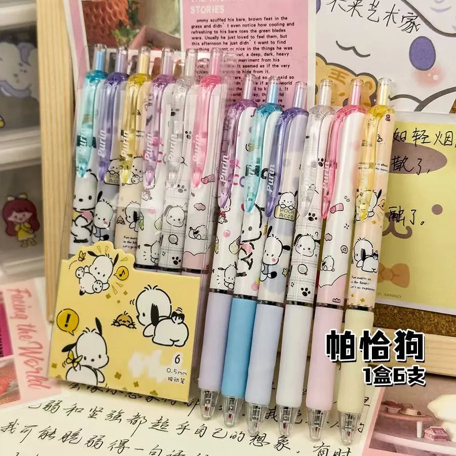 Cartoon Kuromi Writing Pen Kawaii Hello Kitty Cinnamoroll Melody 0.5mm Quick Drying ST Gel Pen Student School Stationery 6pcs