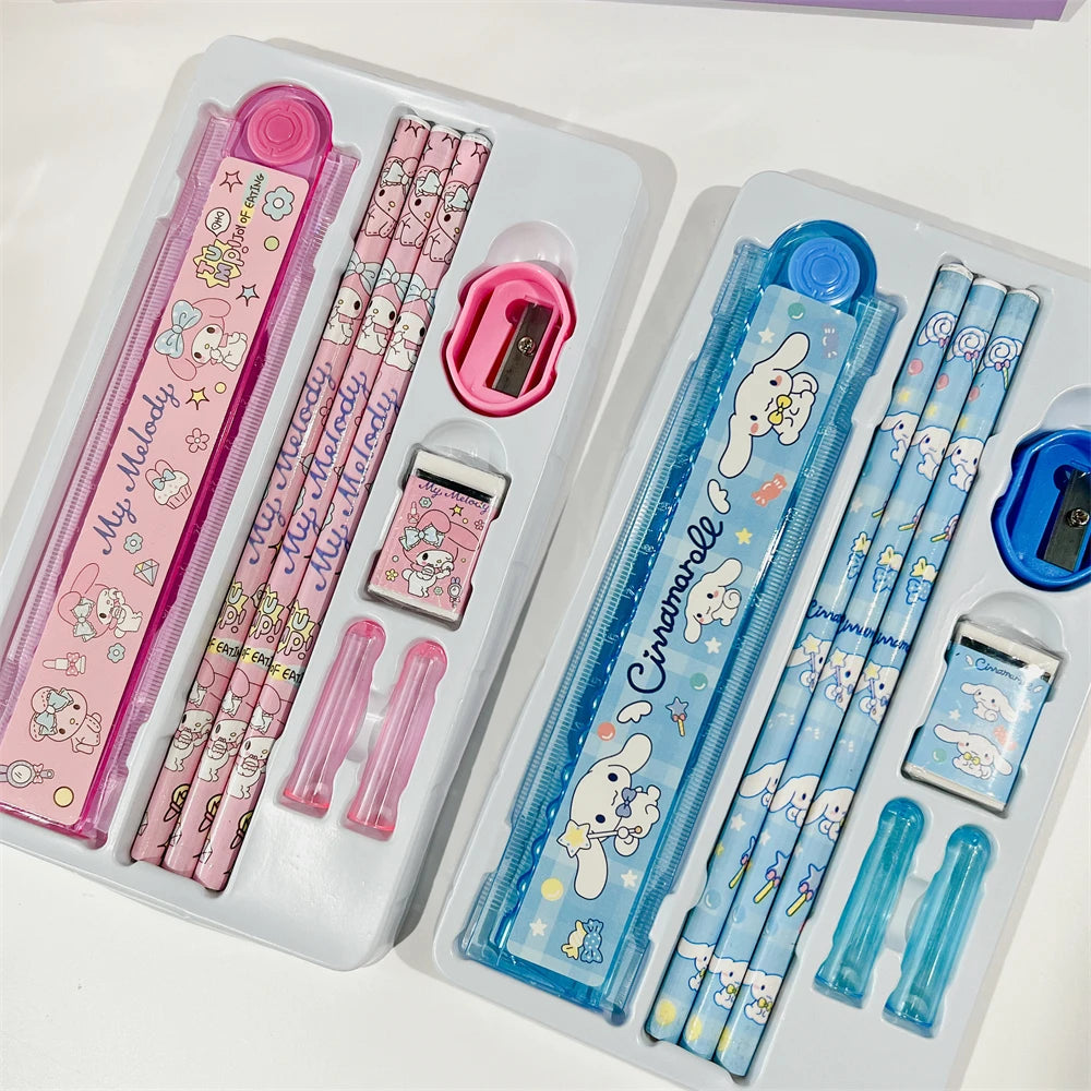 Sanrio Stationery Set Hello Kitty Cinnamoroll Kuromi Cartoon Pencil Rubber Ruler Pencil Sharpener Student Supplie Stationery Set