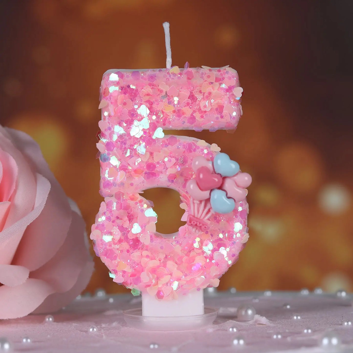 Pink Number Cake Decorating Candle Glitter Birthday Love balloon Digital Candle Cake Topper Birthday Party Wedding Cake Decor