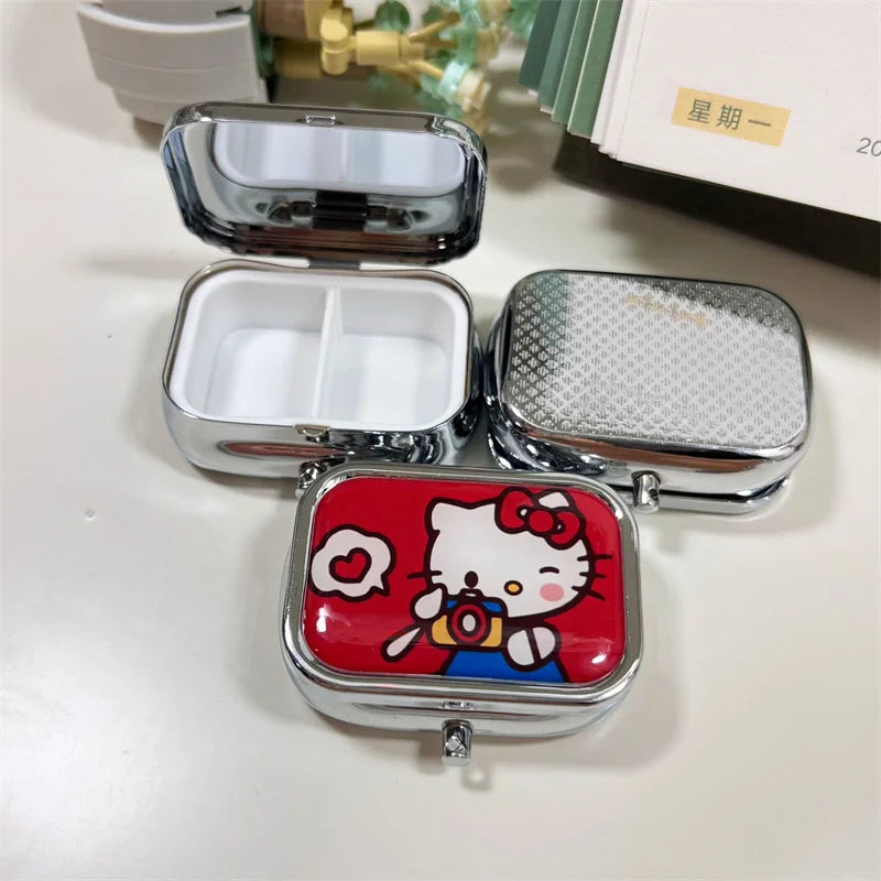 Kawaii Hello Kittys Portable Jewelry Box with HD Mirror Mini Sealed Subpackage Boxs Cute Cartoon Girl Heart Travel Storage Box