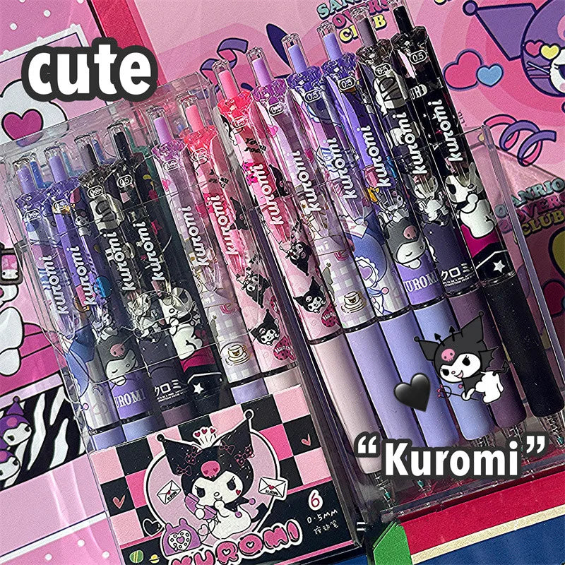 Kawaii Sanrio Kuromi Hello Kitty 0.5mm Gel Pens Set Cute Black Pen Cartoon School Student Stationery Supplies Gift 6Pcs/Set