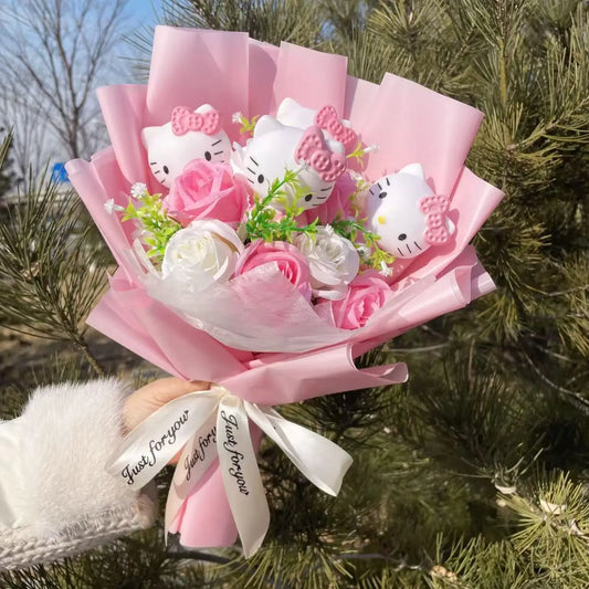 Kawaii Hello Kitty Cat Dolls With Artificial Flowers Creative Sanrio Bouquet Gifts