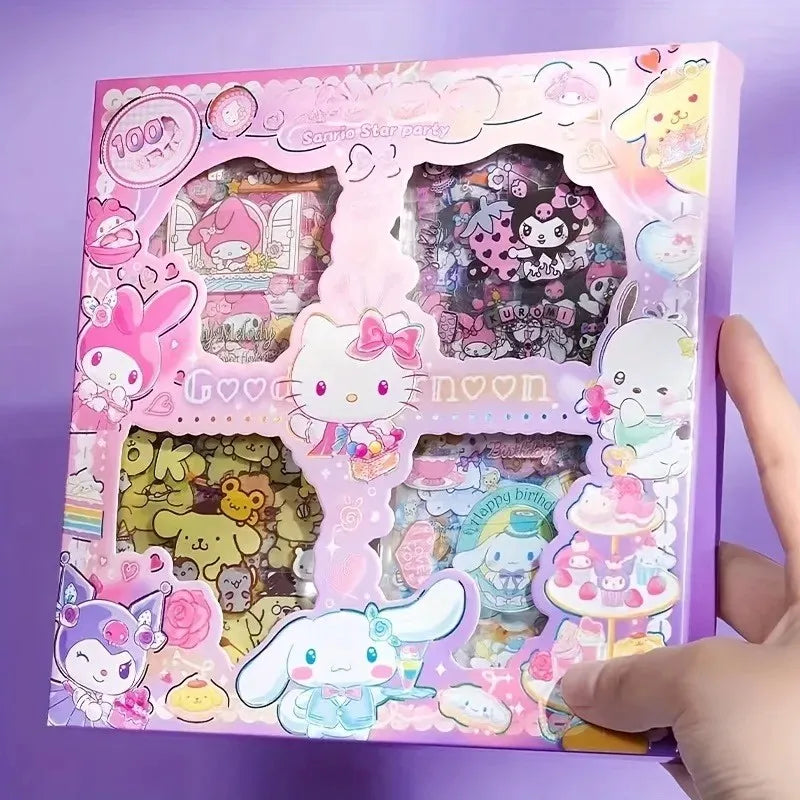 Hello Kitty Sanrio Non-Repeating 100-Piece Sticker Set Cinnamoroll Kuromi Waterproof Stationery Sticker Gift Box