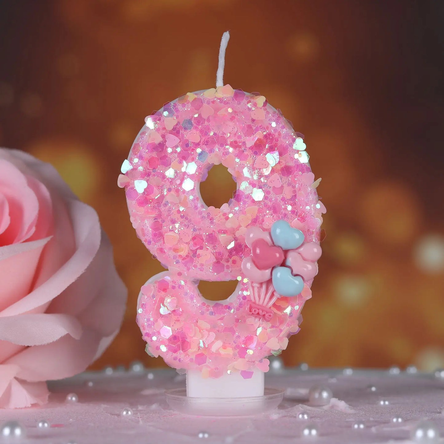 Pink Number Cake Decorating Candle Glitter Birthday Love balloon Digital Candle Cake Topper Birthday Party Wedding Cake Decor