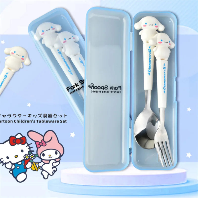 Sanrio Children Tableware Hello Kitty Melody Kuromi Silicone Handle Tableware Two-piece Set Cinnamoroll Fork Spoon Kids Gifts