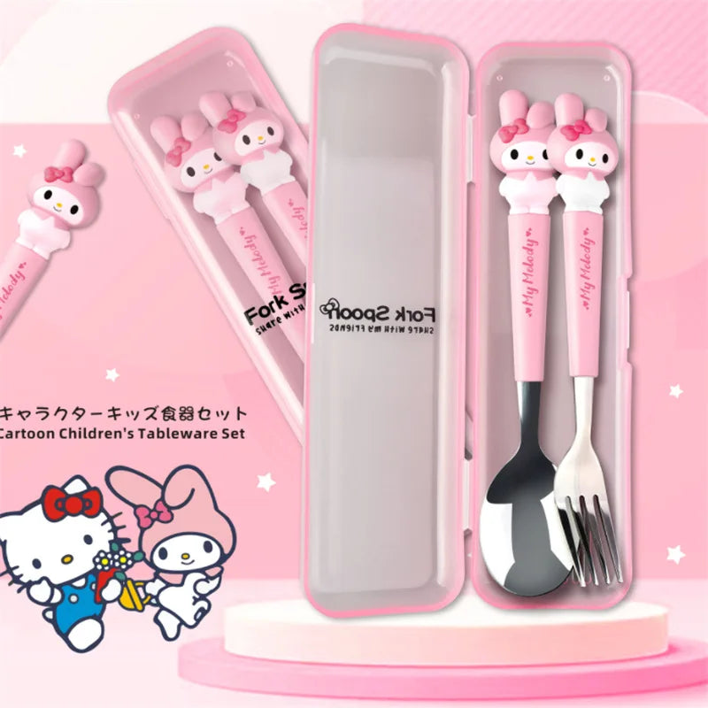 Sanrio Kawali Hellokitty Kuromi My Melody Cinnamoroll Pompompurin Spoon Fork Stainless Steel Tableware Set