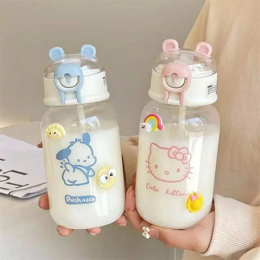 Kawaii Sanrio Hello Kitty Transparent Straw Cup Anime Cartoon Pochacco Kuromi Cinnamoroll For Kid Bottle Water Cup 600ML