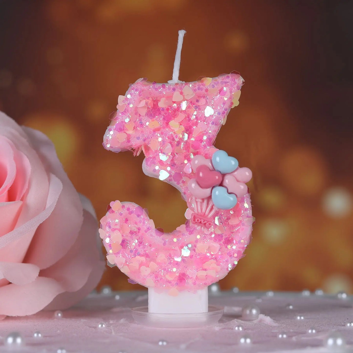 Pink Number Cake Decorating Candle Glitter Birthday Love balloon Digital Candle Cake Topper Birthday Party Wedding Cake Decor