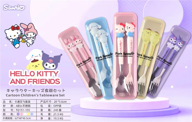 Sanrio Children Tableware Hello Kitty Melody Kuromi Silicone Handle Tableware Two-piece Set Cinnamoroll Fork Spoon Kids Gifts