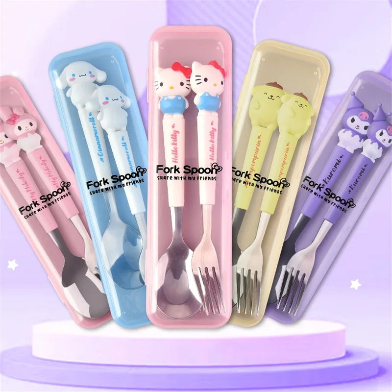 Sanrio Children Tableware Hello Kitty Melody Kuromi Silicone Handle Tableware Two-piece Set Cinnamoroll Fork Spoon Kids Gifts