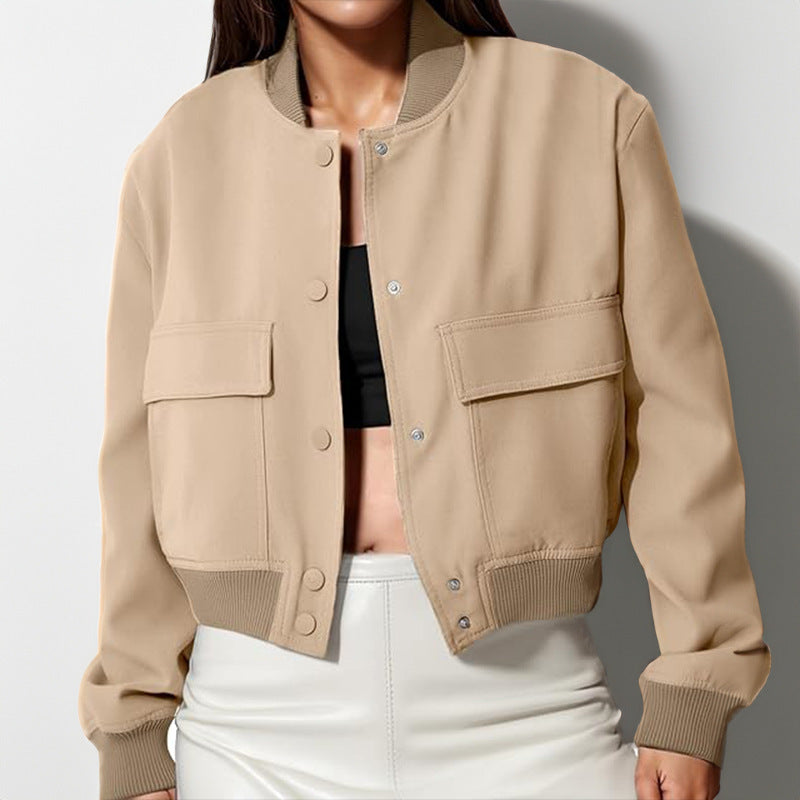 Stand Collar Large Pocket Women's Jacket Coat